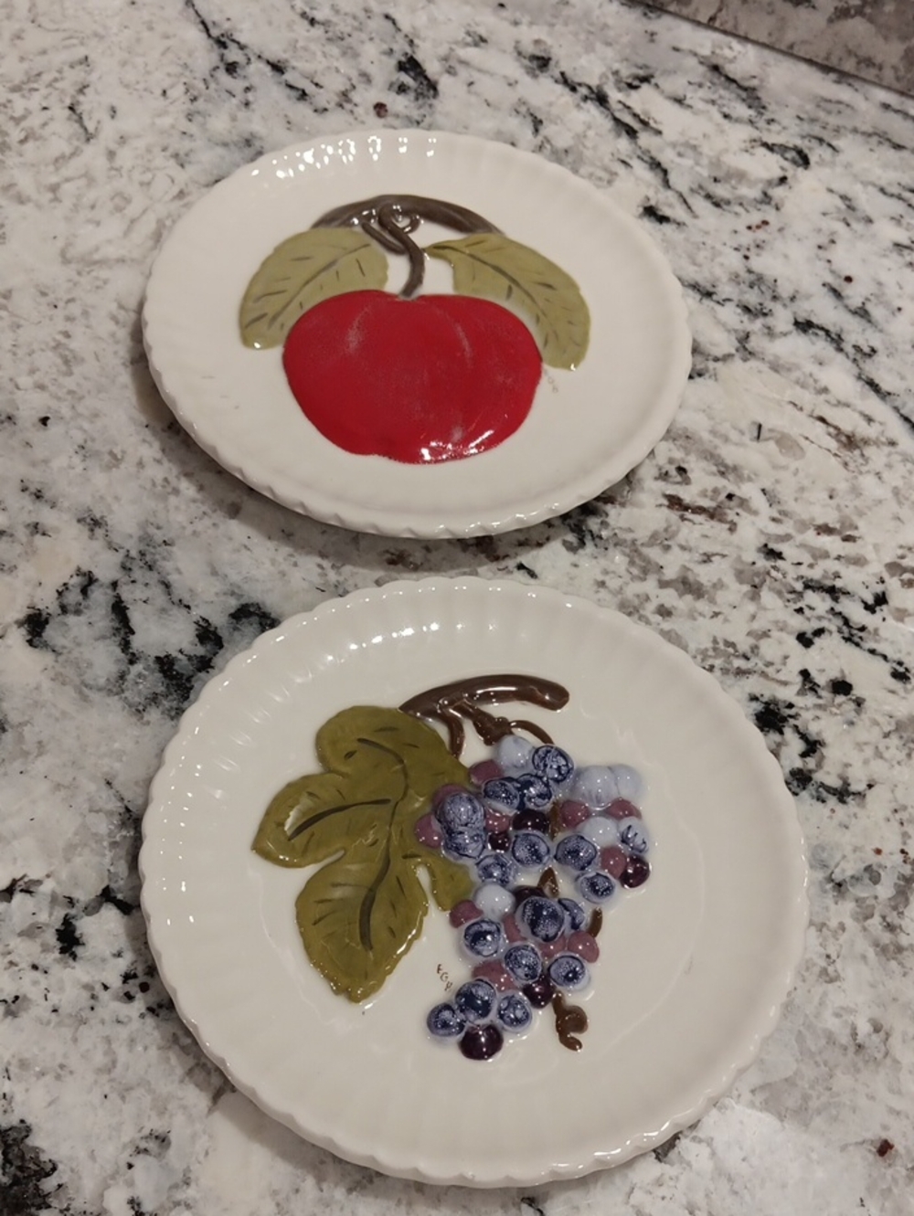 Vintage White Ceramic Fruit Accent Plates — Red Apple & Purple Grape (Set of 2)